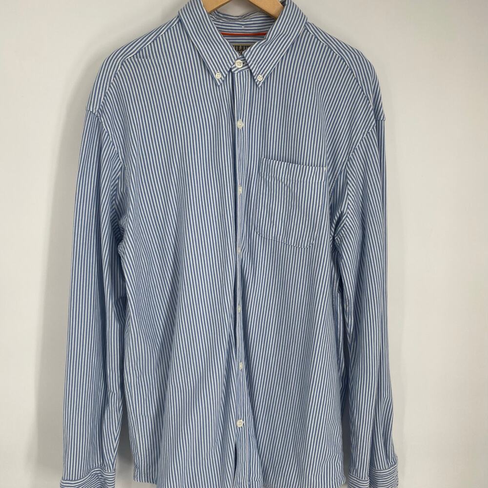 Duluth Shirt Men’s Large Blue & White Striped‎ Knit Button Up Classic Comfy